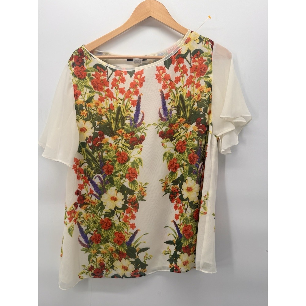 Jennie &‎ Marlis Blouse Women L White Floral Lined Short Sleeve Pullover Casual
